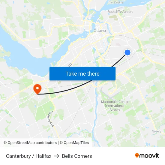 Canterbury / Halifax to Bells Corners map