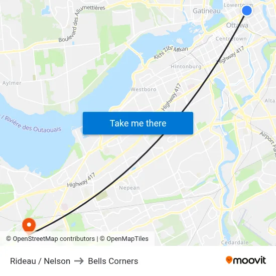 Rideau / Nelson to Bells Corners map
