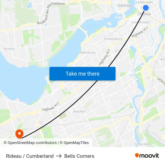 Rideau / Cumberland to Bells Corners map