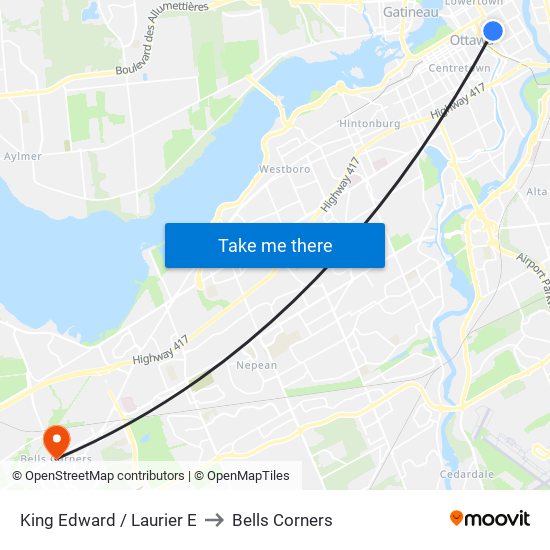 King Edward / Laurier E to Bells Corners map