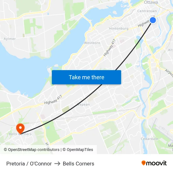 Pretoria / O'Connor to Bells Corners map