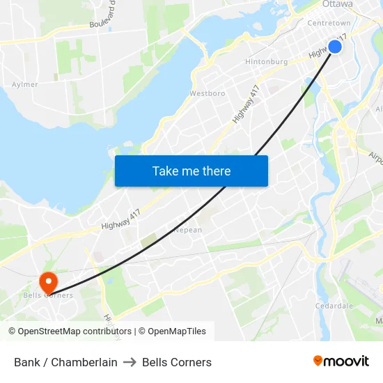 Bank / Chamberlain to Bells Corners map