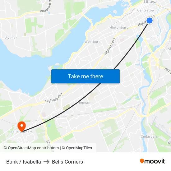 Bank / Isabella to Bells Corners map