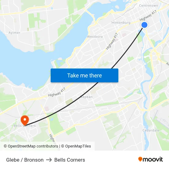 Glebe / Bronson to Bells Corners map
