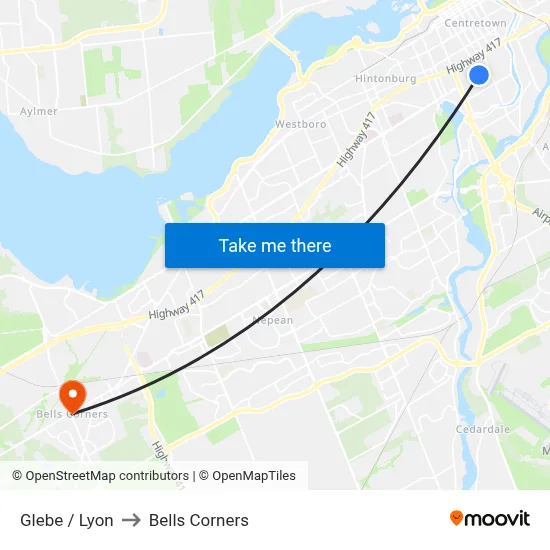 Glebe / Lyon to Bells Corners map