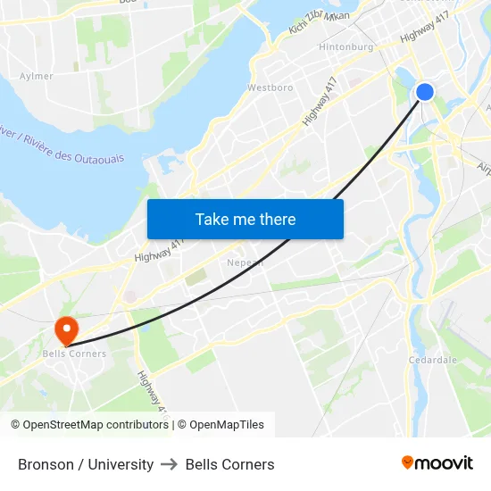 Bronson / University to Bells Corners map