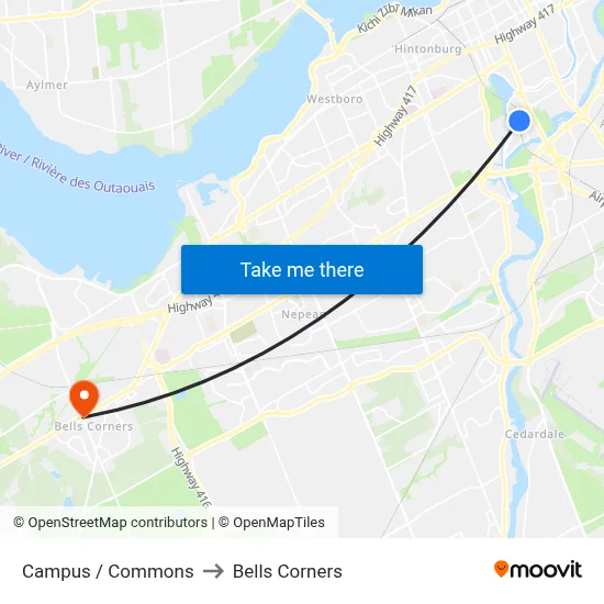 Campus / Commons to Bells Corners map