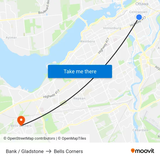 Bank / Gladstone to Bells Corners map