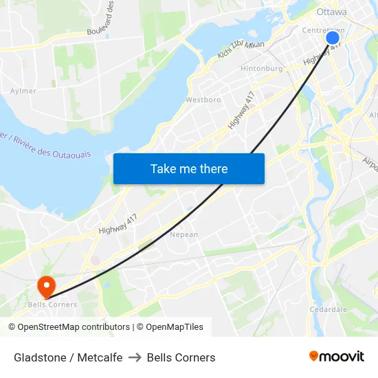 Gladstone / Metcalfe to Bells Corners map