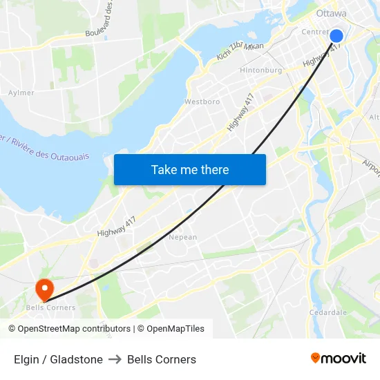Elgin / Gladstone to Bells Corners map