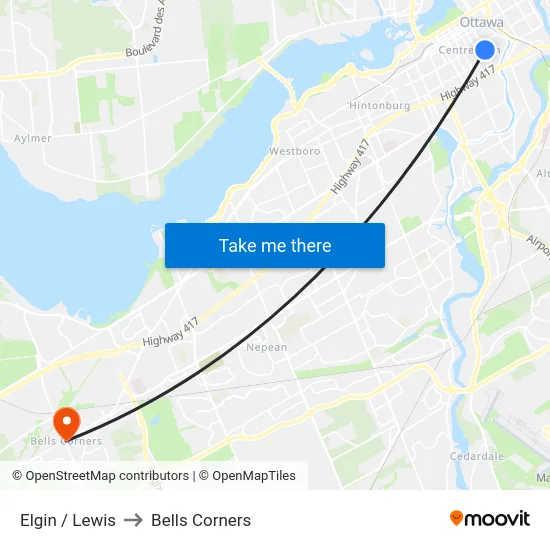Elgin / Lewis to Bells Corners map