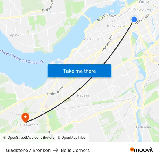 Gladstone / Bronson to Bells Corners map