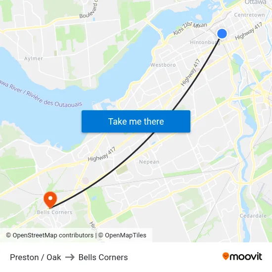 Preston / Oak to Bells Corners map