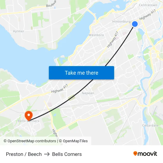 Preston / Beech to Bells Corners map