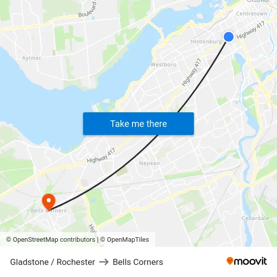 Gladstone / Rochester to Bells Corners map