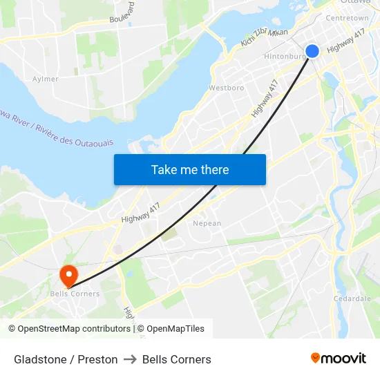 Gladstone / Preston to Bells Corners map
