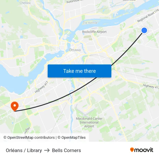 Orléans / Library to Bells Corners map