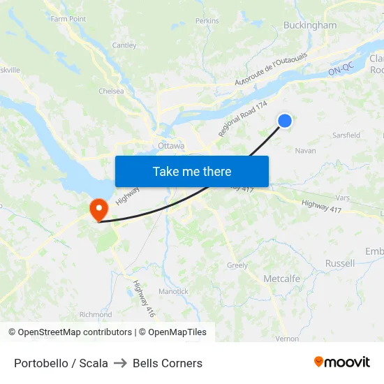 Portobello / Scala to Bells Corners map