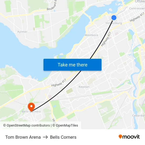 Tom Brown Arena to Bells Corners map