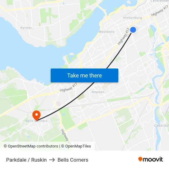 Parkdale / Ruskin to Bells Corners map