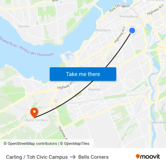 Carling / Toh Civic Campus to Bells Corners map