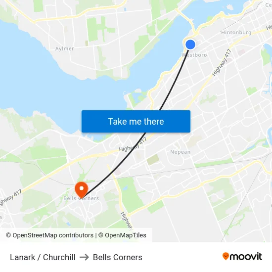 Lanark / Churchill to Bells Corners map