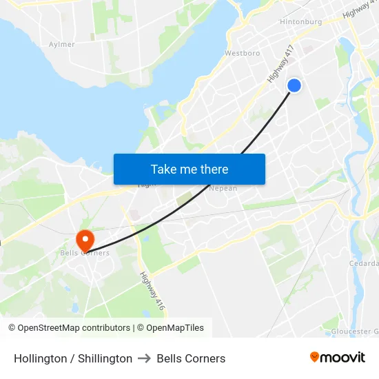 Hollington / Shillington to Bells Corners map