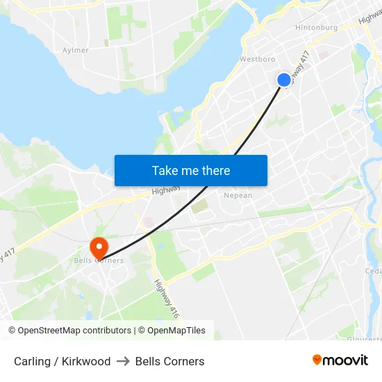 Carling / Kirkwood to Bells Corners map