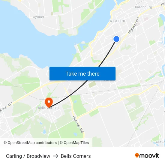 Carling / Broadview to Bells Corners map