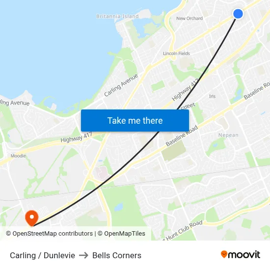 Carling / Dunlevie to Bells Corners map