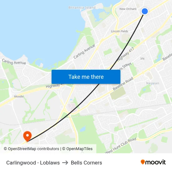 Carlingwood - Loblaws to Bells Corners map