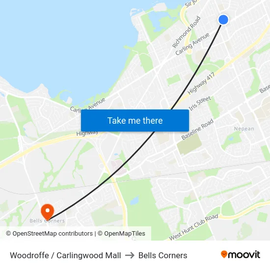 Woodroffe / Carlingwood Mall to Bells Corners map