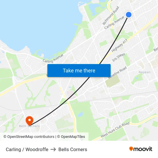 Carling / Woodroffe to Bells Corners map