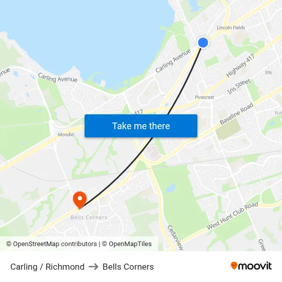 Carling / Richmond to Bells Corners map
