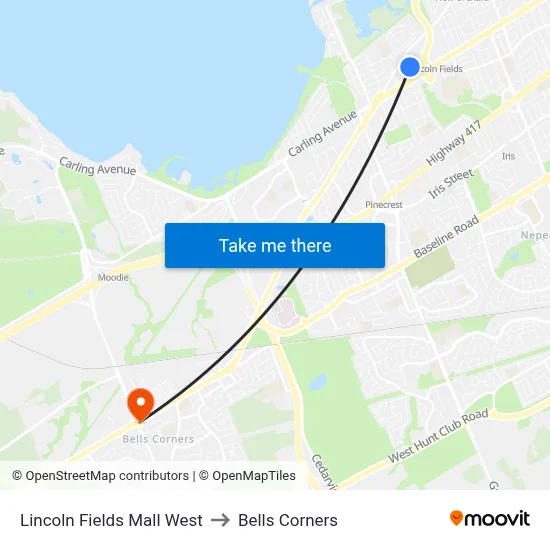 Lincoln Fields Mall West to Bells Corners map