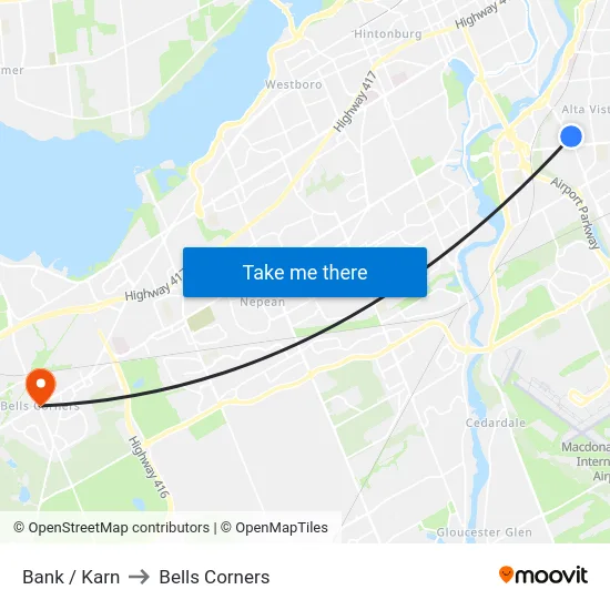 Bank / Karn to Bells Corners map