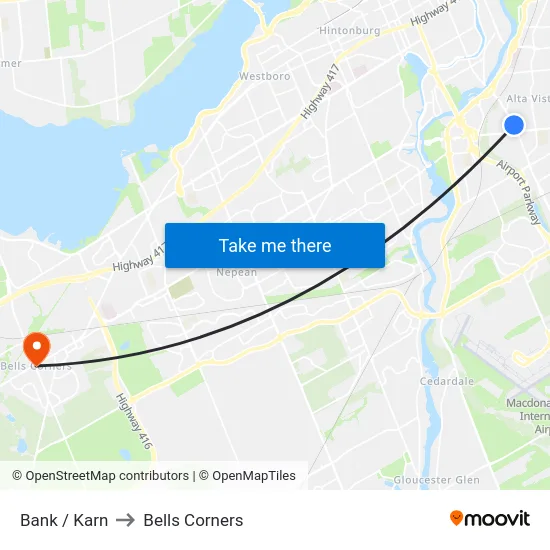 Bank / Karn to Bells Corners map