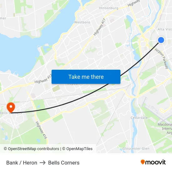 Bank / Heron to Bells Corners map