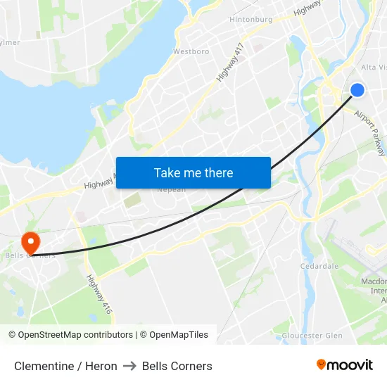 Clementine / Heron to Bells Corners map