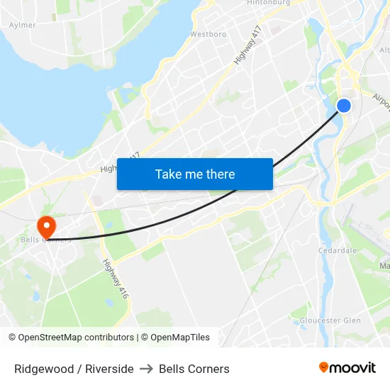 Ridgewood / Riverside to Bells Corners map