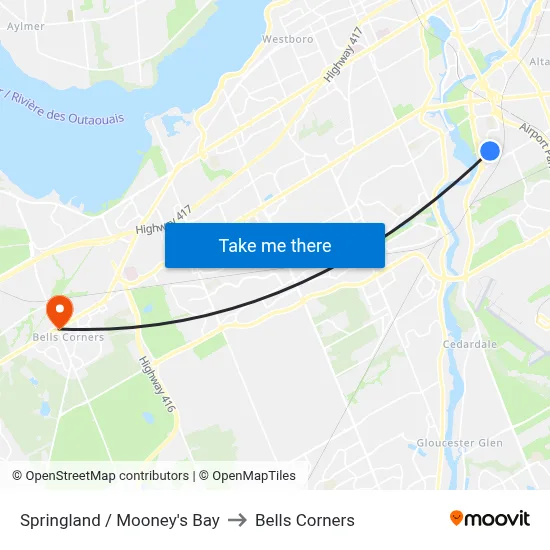Springland / Mooney's Bay to Bells Corners map