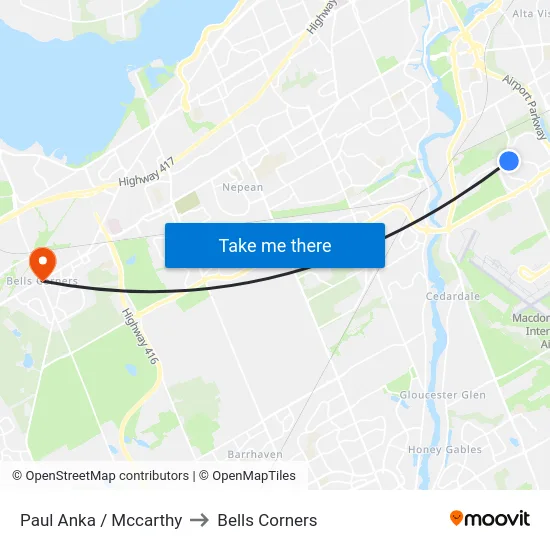 Paul Anka / Mccarthy to Bells Corners map
