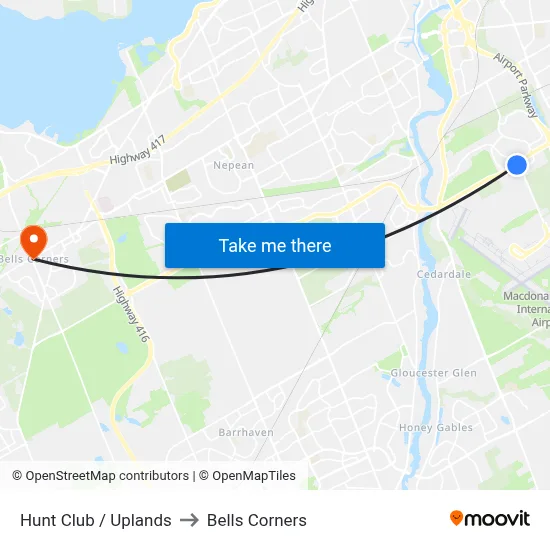 Hunt Club / Uplands to Bells Corners map