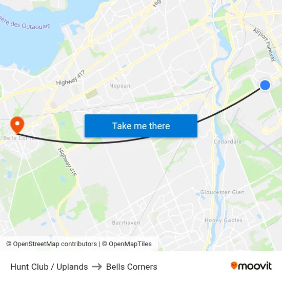 Hunt Club / Uplands to Bells Corners map