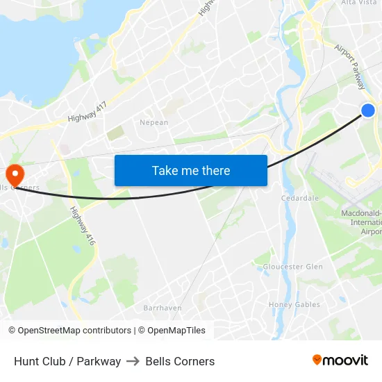 Hunt Club / Parkway to Bells Corners map