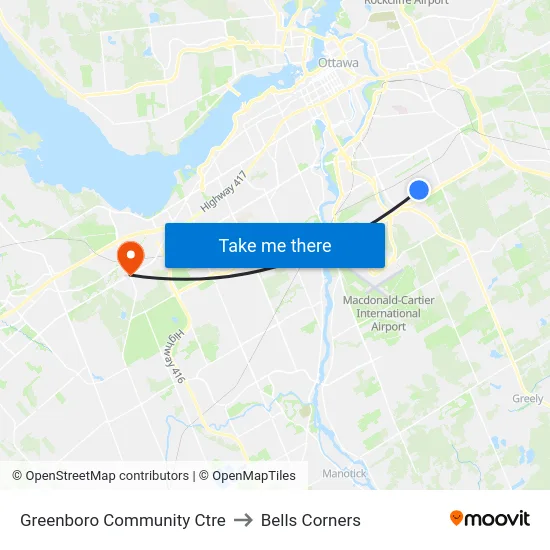 Greenboro Community Ctre to Bells Corners map