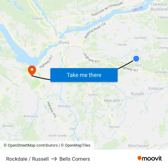 Rockdale / Russell to Bells Corners map