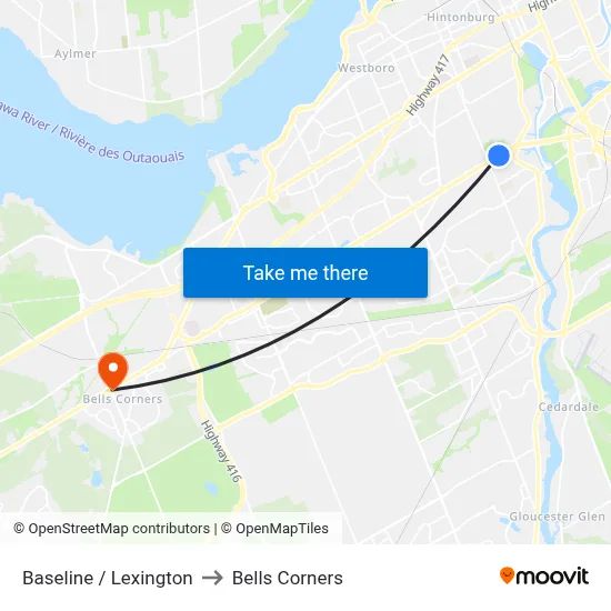 Baseline / Lexington to Bells Corners map