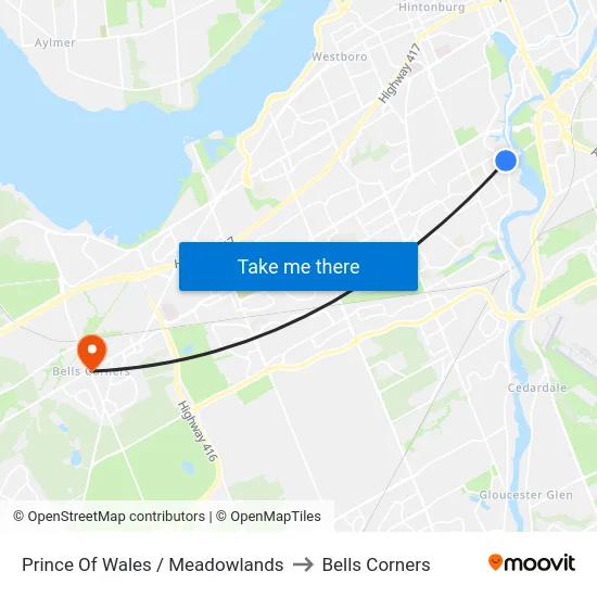 Prince Of Wales / Meadowlands to Bells Corners map