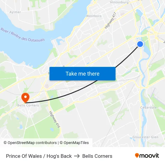 Prince Of Wales / Hog's Back to Bells Corners map